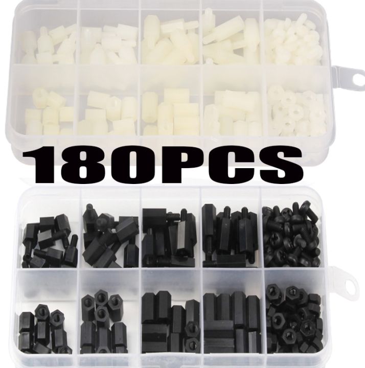 180pcs-lot-m3-female-male-white-amp-black-hex-nylon-standoff-spacer-column-for-pcb-motherboard-fixed-plastic-spacing-screws-set-nails-screws-fasteners