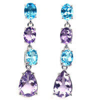 ต่างหูพลอยแท้ อเมทิสต์ (Amethyst) 9 x 13 mm. และ สวิสบลูโทปาส เงินแท้ 925 ชุบทองคำขาว