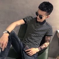 2023 High quality new style 条纹短袖T恤男夏季潮牌ins百搭男装纯棉翻领POLO衫修身半袖上衣服