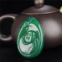 ZZOOI Chinese Natural Green Chalcedony Hand-carved Buddha Jade Pendant Fashion Exquisite Jewelry Onyx Necklace Gift Accessories