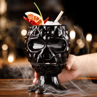 New 450mL Ceramic Deep Black Tiki Mug Skull Octopus With Pineapple Lid Molecular Cocktail Porcelain Beer Wine Mug Cup Bar Tools