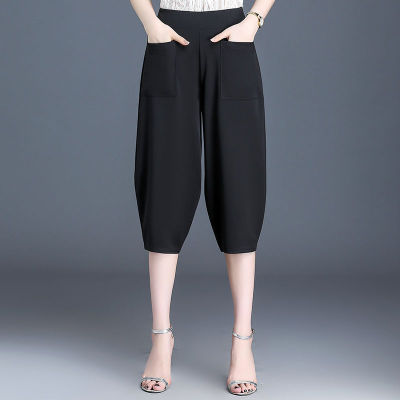 Women Cropped Trousers Elastic Waist Harem Pants Women Casual Pants Slim Capri Short Pants