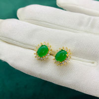 2022 Vintage Gold Women Stud Earrings Emerald Gemstones Jade Oval Flower Crystal Jewelry Accessories For Female Mother Gift