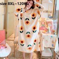 Large size 8XL bust 140cm Autumn Winter Women Long Sleeve Nightgown Hooded Flannel Nightgowns Fleece Warm Dress Home Wear