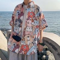 COD DSFGREYRTYRT New flower shirt with short sleeves mens cute loose big yards Japanese cat printing temperament