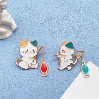 Childlike Kitten Fishing Metal Enamel Brooch Cute Cartoon Colorful Tabby Cat Small Animal Badge Pin Children S Gift Jewelry