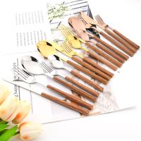 Drmfiy 30P Imitation Wooden Flatware Fork Knife Spoon Dinnerware Western Cutlery Stainless Steel Tableware Set Kitchen Flatware