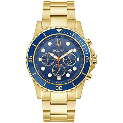 Bulova Mens Classic Sport Stainless Steel 6-Hand Chronograph Quartz Watch with 44mm Dial Classic Gold Stainless Steel/ Blue Dial