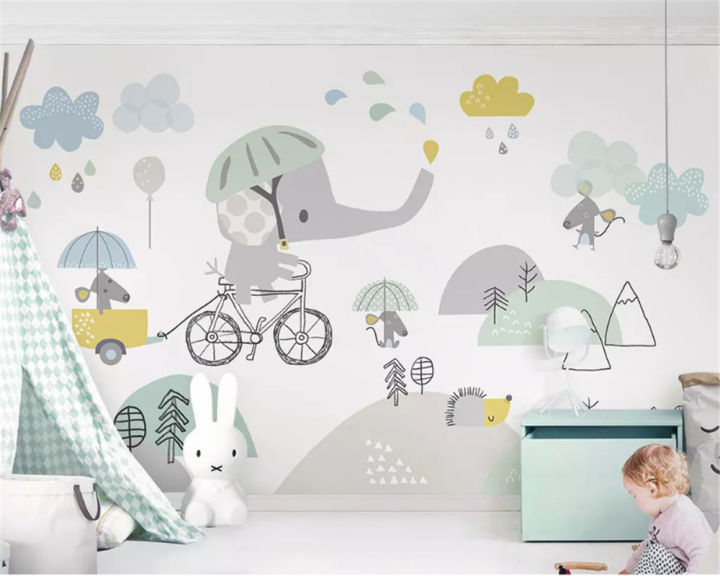 beibehang-วอลเปเปอร์3d-น่ารักช้างจักรยานหนูแฮมสเตอร์จักรยาน-papel-de-พื้นหลังของเด็กกระดาษติดผนังผนังการตกแต่งบ้าน