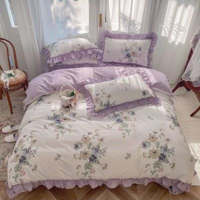 ผ้าห่มดอกไม้ประเทศอัดพลีทผ้าฝ้ายเตียงเจ้าหญิงพิมพ์ลายสวนแนววินเทจปลอกหมอนผ้าลินินผ้านวมผ้าคลุมเตียง
