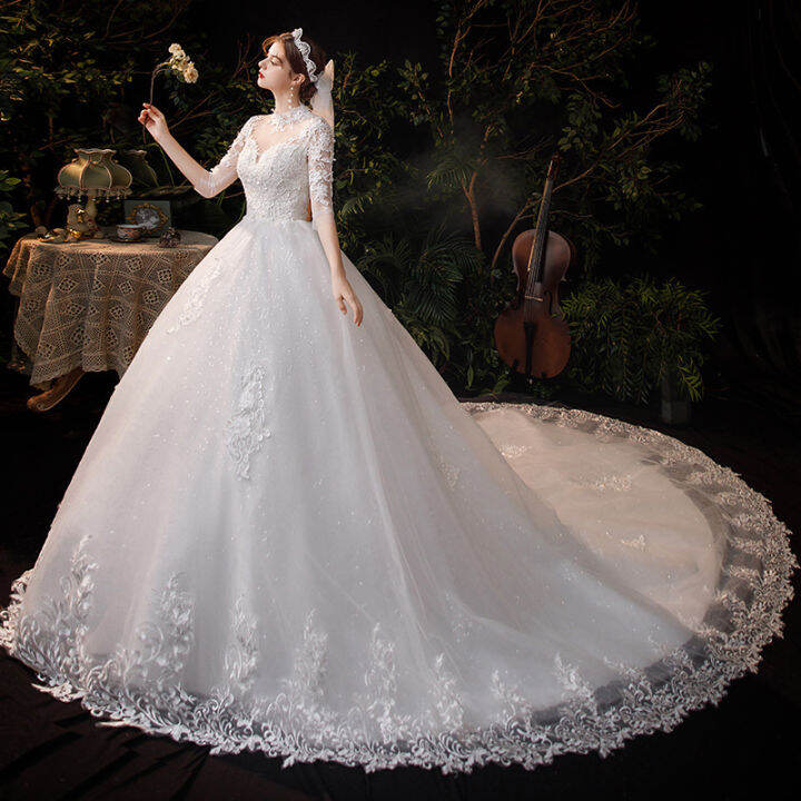 Luxury Lace Wedding Dress Classic High Neck Half Sleeve With Train ...