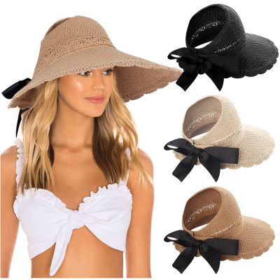 [hot]2022 New Fashion Lady Summer Foldable Wide Brim Straw Hats Sun Visors for Women Bow Beach Hat UV Protection