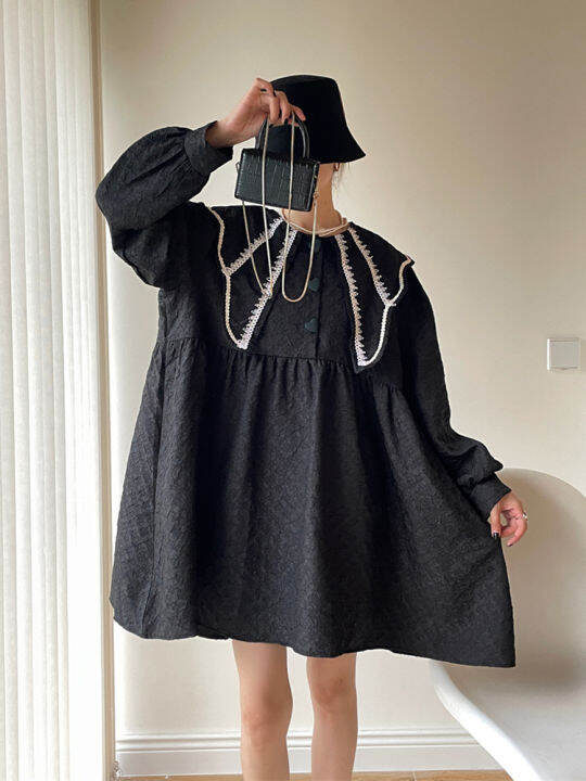 xitao-dress-loose-contrast-color-splicing-peter-pan-collar-long-sleeve-dress