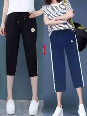 กางเกงขา4ส่วนแฟชั่นพิมพ์ลายผู้หญิงเกาหลีเทรนด์กางเกงกีฬาบางปักลาย