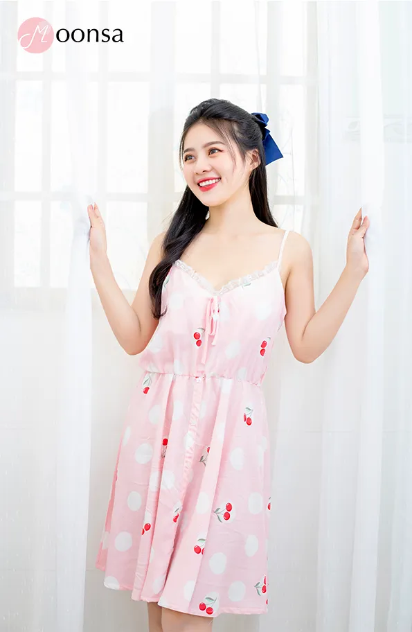Đầm ngủ nữ vải tole Cherry Hồng Phấn [Moonsa] | Lazada.vn