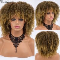 Womens Dark Brown Omber Yellow Afro Kinky Curly Wigs For Black Women With Bangs Synthetic Cosplay Heat Resistant Wig