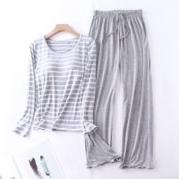 【JH】Pink/Gray Striped Pyjamas Women Autumn 2023 New Nighty Set Full Sleeve With Chest Pad Pijama Feninino Sleepwear Large XXL