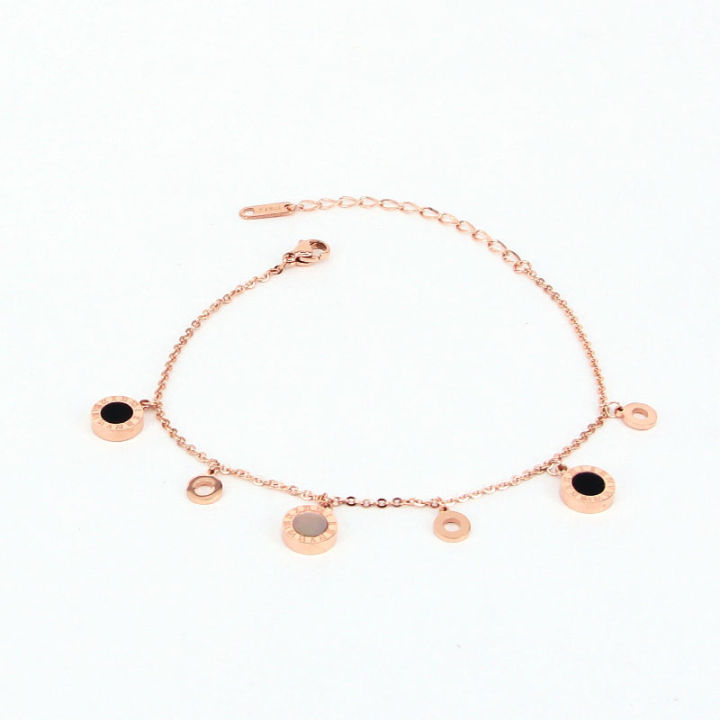 Delicate Hang Three Circle And Three Roman Numeral Black And White Shell Anklet For Women Stainless Steel Rose Gold Color Anklet