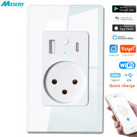 Tuya Wifi Smart Life Israel Power Wall Socket USB 4.8A Type C PD 30W for Iphone EU Plug Outlet แผงกระจกโดย Alexa Google Home-Linqiaoe