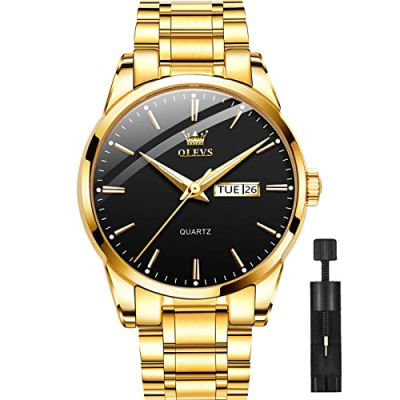 OLEVS Classic Men Watches with Date,Stainless Steel Man Watch with Date, Bussiness Watches for Men,Luminous Quartz Mens Watches Black/White/Blue/Gold, Waterproof Male Watch with Week Gold Steel Black Dial Men Watch