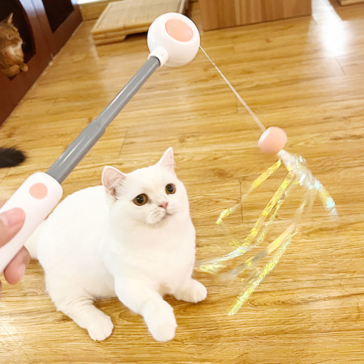 ruyifang-ไม้ล่อของเล่นแบบโต้ตอบแมวพับเก็บได้พร้อมเลเซอร์ของเล่นด้ามจับขนนกตลก