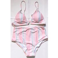 hotx 【cw】 vintage brand on print striped pink thong off shoulder girls women bikini set  wire free swimwear new swimsuit