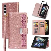 ✎❧☢ Dla Samsung Z Fold 3 przypadku telefonu błyszczące Glitter Zipper Slot kart pasek na rękę torebka odwróć portfel pokrywa dla Galaxy Z Fold 3 Coque