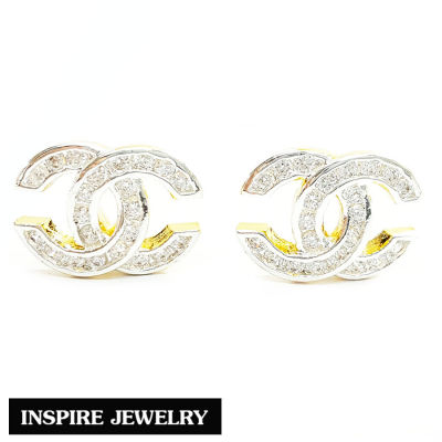 Inspire Jewelry ,ต่างหูCN ฝังเพชร งานจิวเวลลี่ หุ้มทองแท้ 100% 24K สวยหรู ขนาด 10 MM พร้อมกล่องทอง