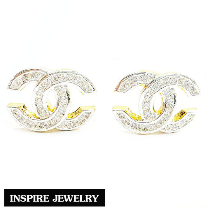 inspire-jewelry-ต่างหูcn-ฝังเพชร-งานจิวเวลลี่-หุ้มทองแท้-100-24k-สวยหรู-ขนาด-10-mm-พร้อมกล่องทอง