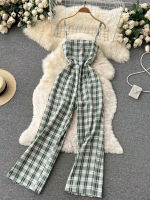 SINGREINY Elegant Jumpsuits Women Casual Sleeveless Strap Rompers Woman Wide leg Plaid Summer Overalls Female 2022