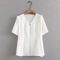 Plus Size Womens XL-4XL Short Sleeve V-neck Zip Up Summer Blouses Fashion Elegant Female Tops