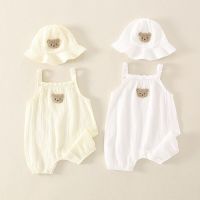 2PCS Summer Baby Clothes Set With Cap Toddler One Piece Cute Bear Sling Romper Fisherman Hat Infant Girl Boy Jumpsuit Outfit