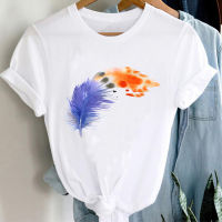 Colorful Feather Cartoon Printed Womens T-Shirt Harajuku Aesthetic Gothic Short Sleeve T-Shirt Clothes for Women