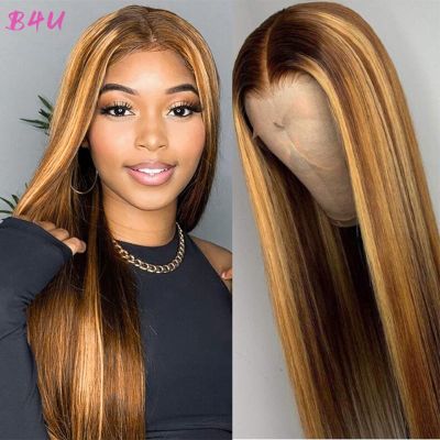 【jw】℡✢♕  B4U Wig Human Hair Honey Blonde Transparent Wigs T Part Straight Front