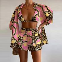 Elegant Printed Three Piece Sets For Women Summer Beach Party Set Casual Fashion Lady Commute Buttons Cardigans Shorts Suits