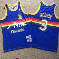 เสื้อถักเย็บปักลายสำหรับผู้ชาย Denver Nuggets Dikembe Mutombo และอัลเลนไอเวอร์สัน Mitchell Hardwood CLASSIC Jersey-สีน้ำเงิน