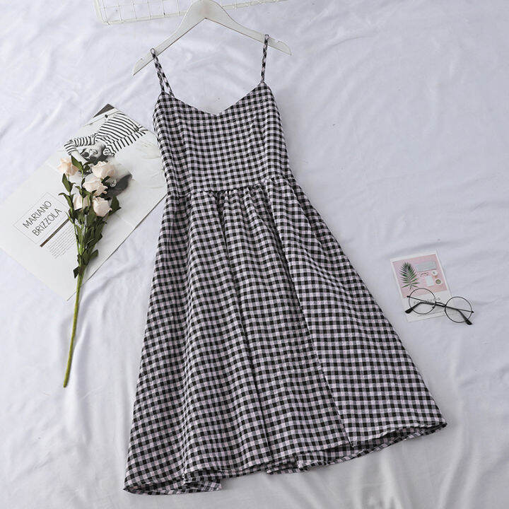 pearl-diary-women-checked-cami-dress-v-neck-high-waist-spaghetti-strap-midi-plaid-princess-dress-vintage-korean-style-sleeveless