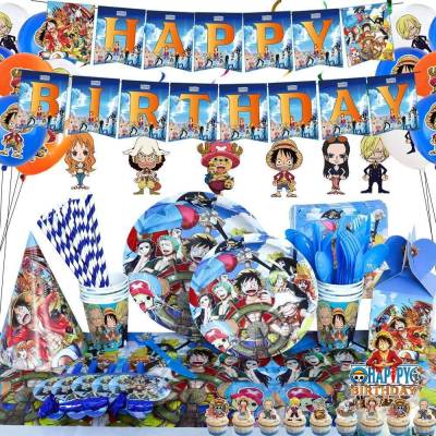 RA One Piece Theme Luffy Disposable Tableware Decoration Set Banner Cake Topper Plate Straw Baby Birthday Party Needs AR