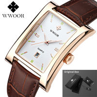 WWOOR Brand Classic Fashion Mens Rectangle Watches Male Gold Brown Leather Quartz Waterproof Wrist Watch For Men Calendar Clocks