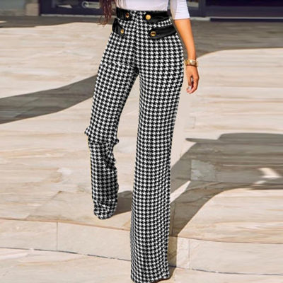 Women New Autumn Slim Bodycon Trousers Spring High Waist Buttoned Office Suit Pants Houndstooth Plaid Print Straight Pants Mujer