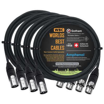 WORLDS BEST CABLES 4 Units - 8 Foot - Gotham GAC-4/1 (Black) - Star Quad, Dual Shielded Balanced Male to Female Microphone Cables with Amphenol AX3M &amp; AX3F Silver XLR Connectors - Custom Made