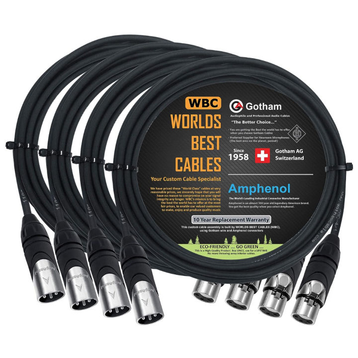 worlds-best-cables-4-units-8-foot-gotham-gac-4-1-black-star-quad-dual-shielded-balanced-male-to-female-microphone-cables-with-amphenol-ax3m-amp-ax3f-silver-xlr-connectors-custom-made