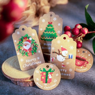 New! 50PCS Christmas Cartoon Kraft Paper Tags With Rope Vintage Xmas Tree/Santa Claus Crafts Hanging Labels Decor Home Supplies