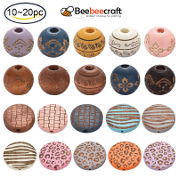 Beebeecraft 10-20 PC Naural ไม้ลูกปัดกลมเสือดาวพิมพ์ไม้หลวม Spacer Ball ลูกปัดเลเซอร์แกะสลักรูปแบบสำหรับ DIY สร้อยข้อมือสร้อยคอเครื่องประดับหัตถกรรมทำ