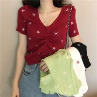 COD tjjs079 READY STOCK Womens Elegant Floral Printed Short Sleeve Slim Knitted T-shirt Fashion V Neck Drawstring Tops