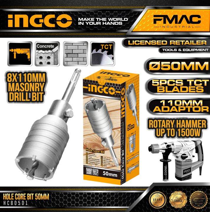 INGCO Hole Core Bit 50mm 5 pcs TCT Blades For Masonry and Concrete SDS