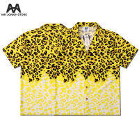 MJ เสื้อโพลีเอสเตอร์แขนสั้นคอปกหลวมพิมพ์ลายเสือดาวเสื้อสเวตเตอร์ในช่วงฤดูร้อนสำหรับผู้ชายและผู้หญิง