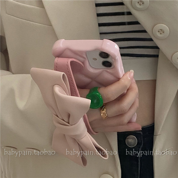 lingge-โบว์สีชมพูสายรัดข้อมือโทรศัพท์มือถือสำหรับ-iphone11-เคสโทรศัพท์มือถือสีชมพูสำหรับ-iphone12promax-เคสโทรศัพท์มือถือป้องกันการตกสำหรับ-iphonexs-iphone7-8p