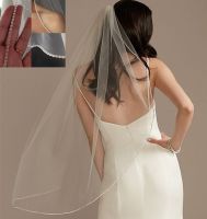 Short White Ivory Bridal Veil Beaded Edge Simple Wedding Veils with Comb 1 2 Tiers Rhinestone Trim velo de novia Accessory Hair Accessories