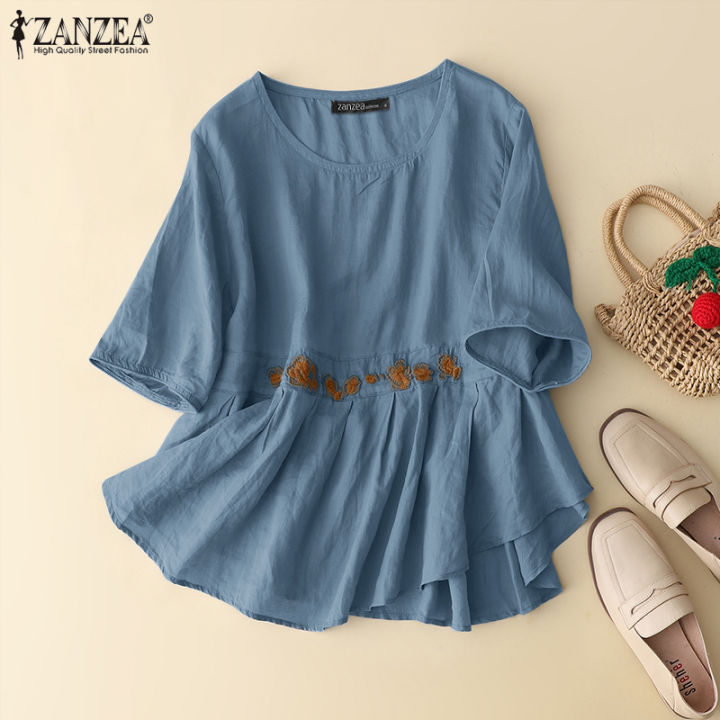 สินค้ามาใหม่-จัดส่งฟรี-fancystyle-zanzea-เสื้อผู้หญิงสีพื้นเสื้อวินเทจหลวมเสื้อสตรีแบบจีบกางเกงผ้าฝ้ายผ้าลินินลายดอกไม้ปักแบบสวมหัว-2